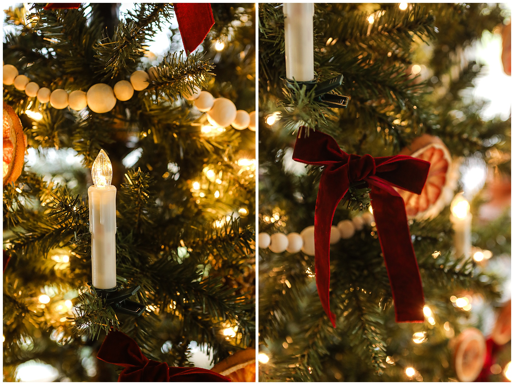 Candles and ribbon on Christmas tree