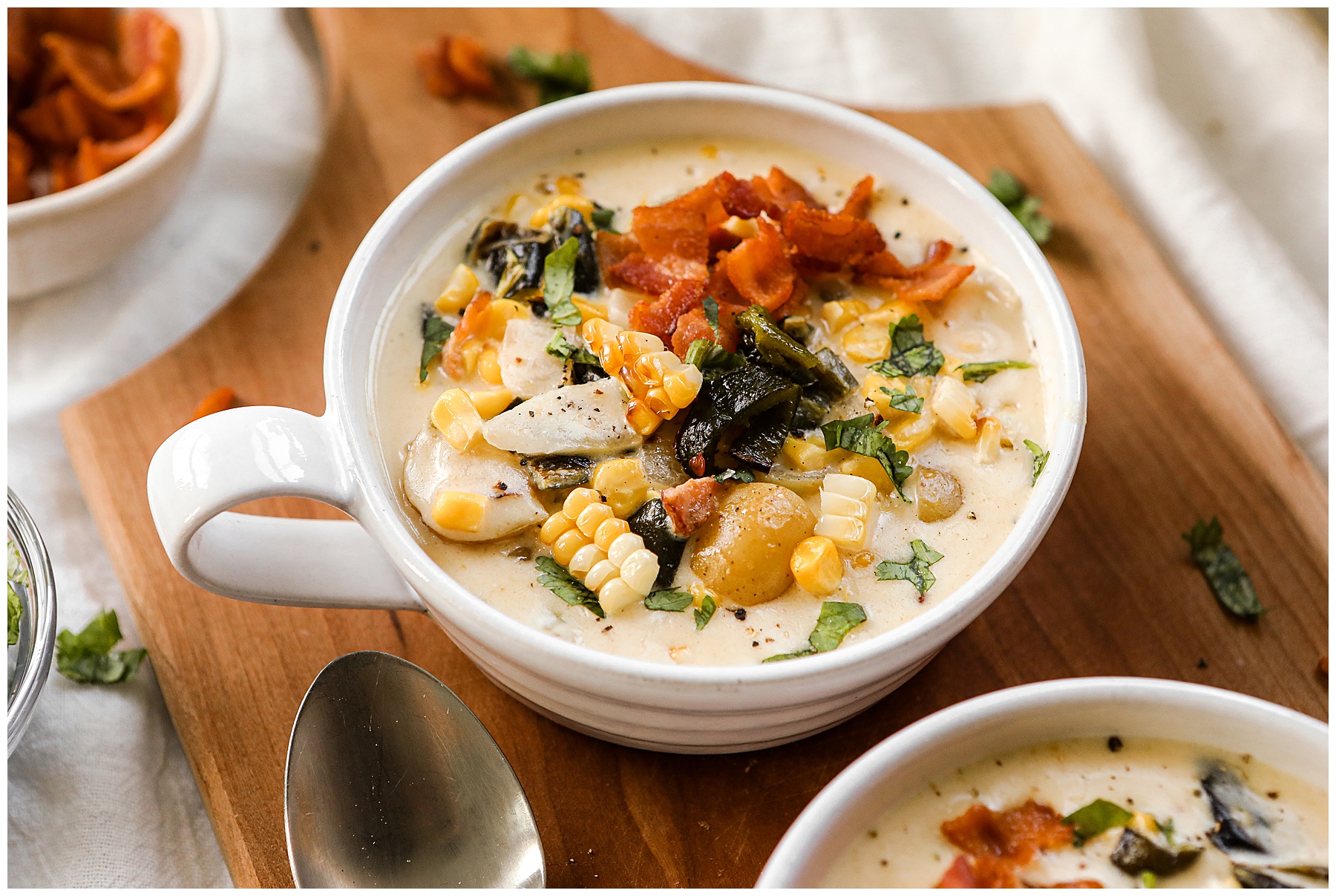 Roasted Poblano and Corn Chowder with goat cheese