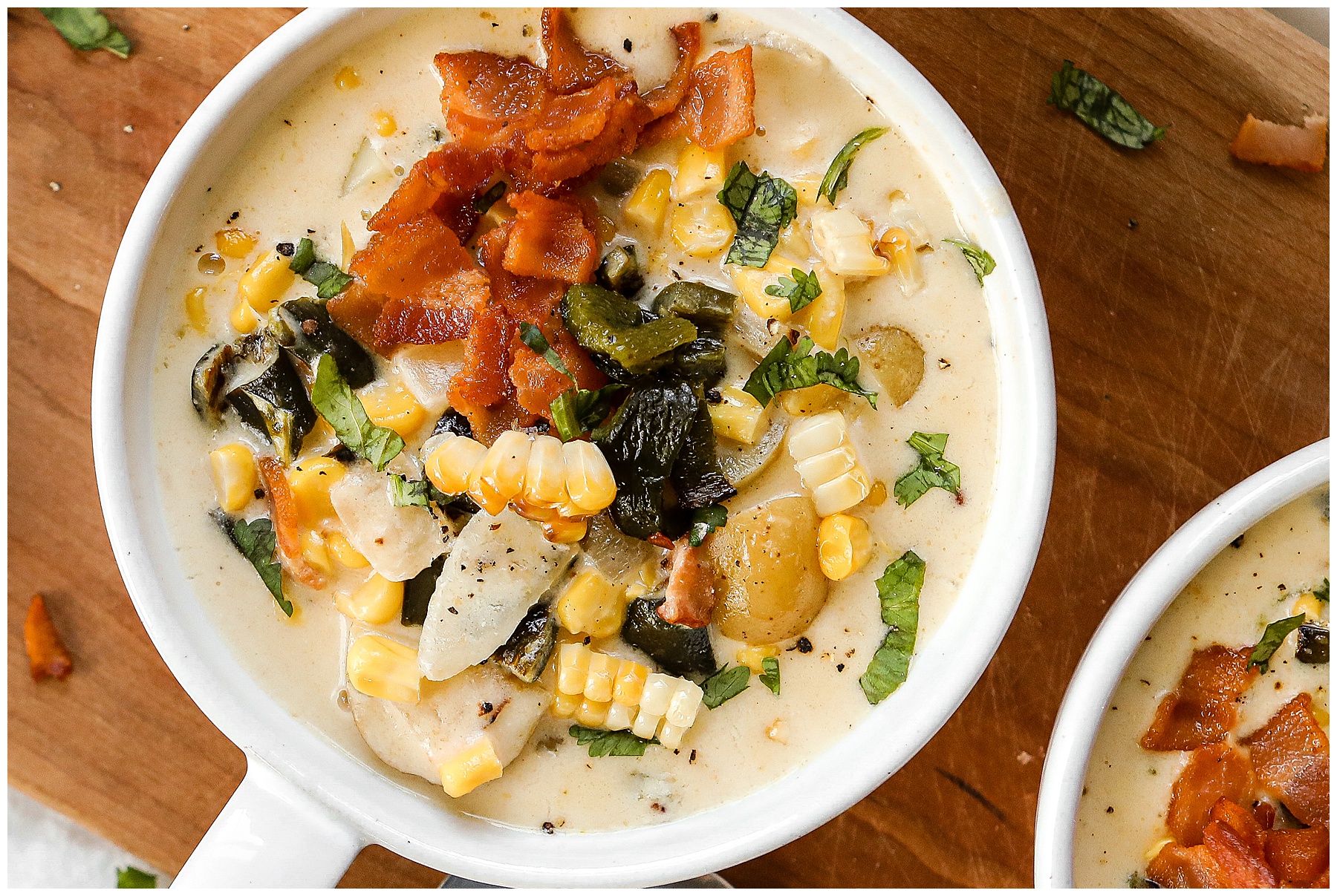 Roasted Poblano and Corn Chowder with goat cheese