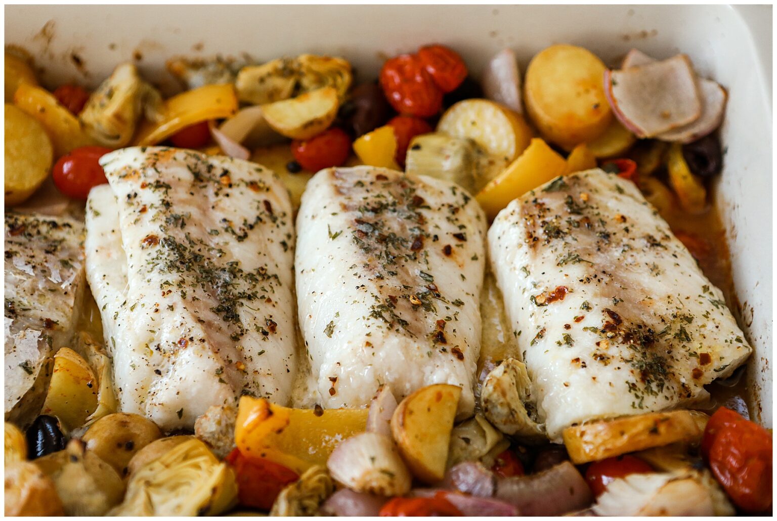 Mediterranean Baked Cod recipe Sugar Maple Farmhouse