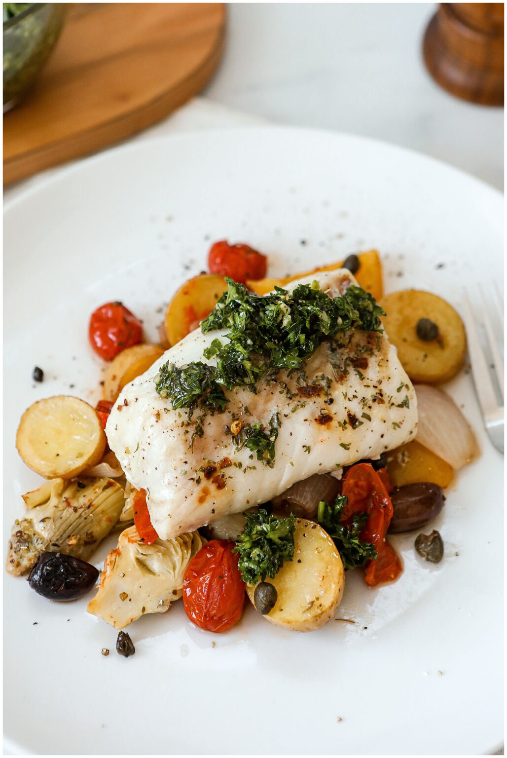 Mediterranean Baked Cod recipe Sugar Maple Farmhouse