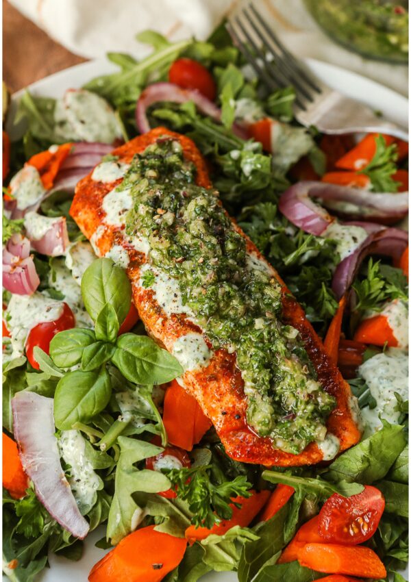 Grilled Salmon Salad with Basil Cilantro Lime Dressing