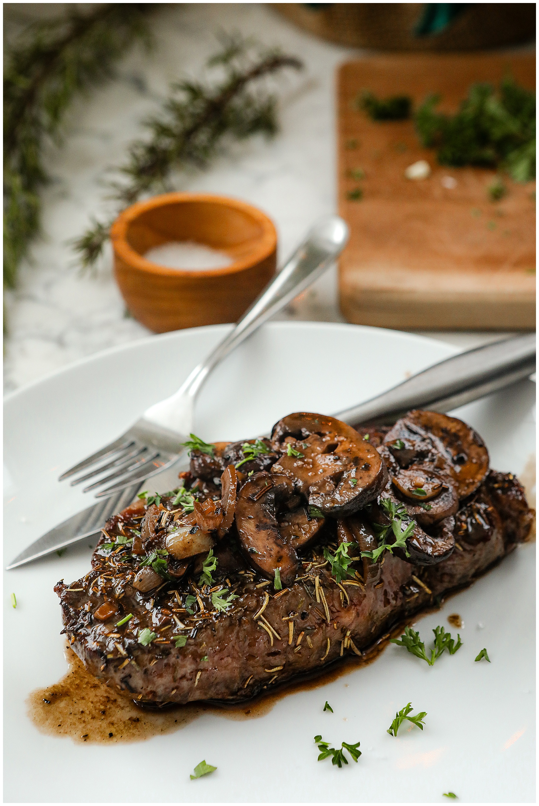 New York Strip Steak with Red Wine Butter Mushrooms