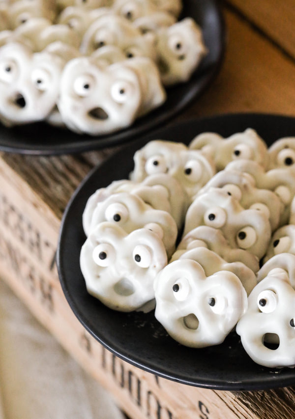 White Chocolate Covered Ghost Pretzels