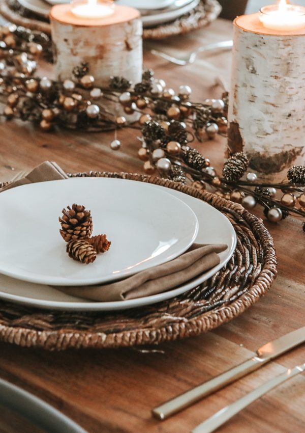 Woods and whites holiday tablescape