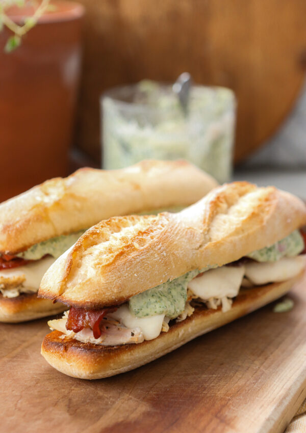 Toasted Turkey and Bacon Sandwich with Basil Mayo